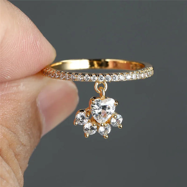 Vintage Cat Paw & Heart Stone Ring – Gold & Silver Tone
