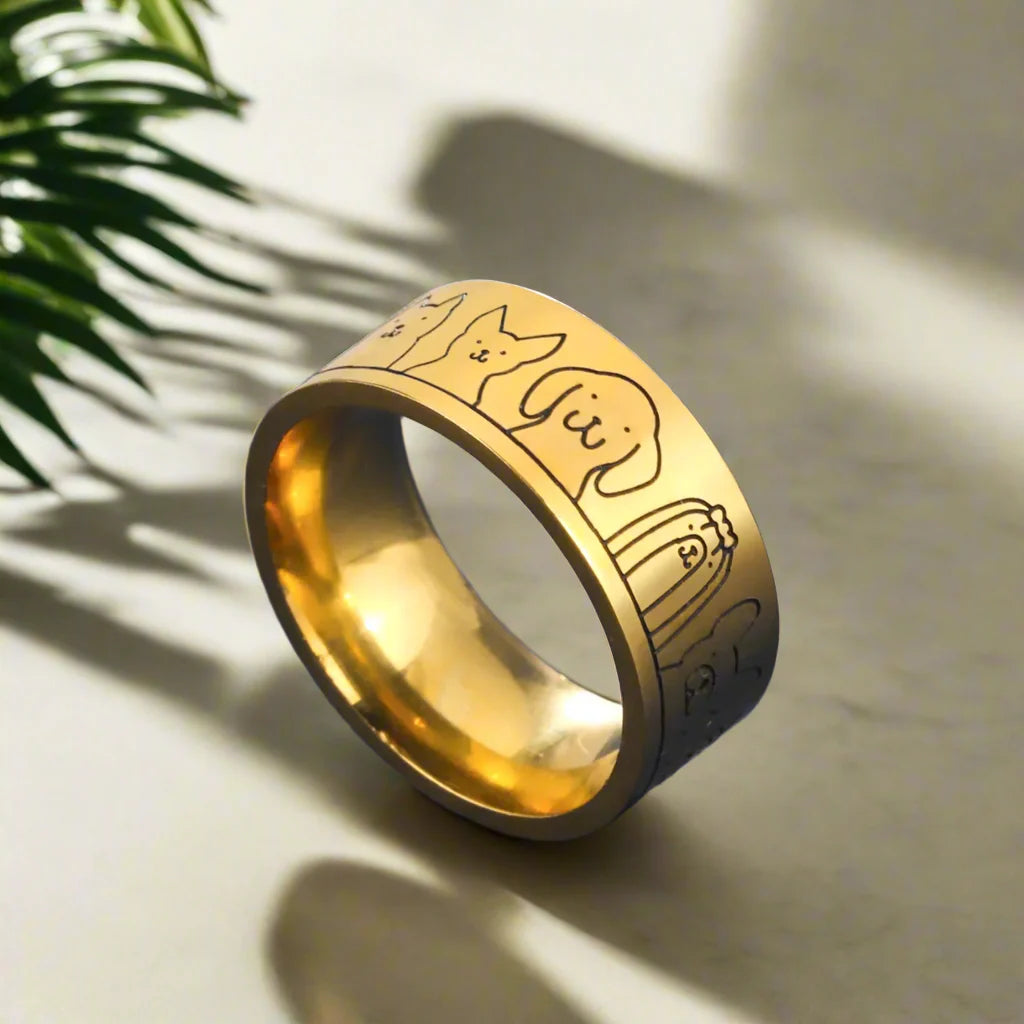 Wide Stainless Steel Dog Ring – Engraved Design for Women